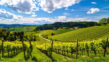 Fototapeta premium Lush vineyard landscape under a vibrant sky (1)