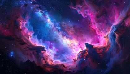Vivid nebula in deep space, with swirling clouds of pink, purple, and blue light