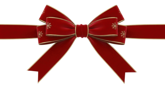 Elegant red Christmas bow with gold trim and snowflake pattern isolated PNG with Transparent Background