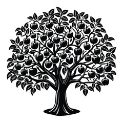 Obraz premium Apple Tree Silhouette with Abundant Fruit, Leaves, and Branches Illustration on White Background