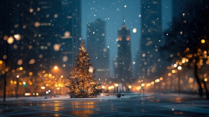 Obraz premium Sparkling Christmas Tree in Snowy City Park at Night