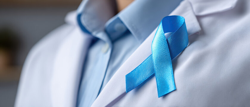 Doctor wearing blue ribbon symbol of hope for prostate cancer awareness. medical professional shows support for patients through medicine and dedicated healthcare