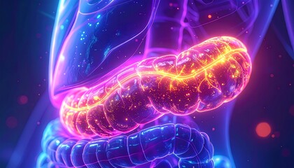 Glowing anatomical rendering of the large intestine within the human body