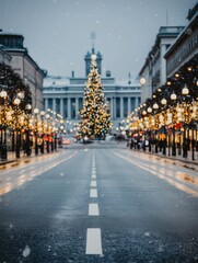 Obraz premium Christmas Tree Lights on City Street During Snowy Winter Night