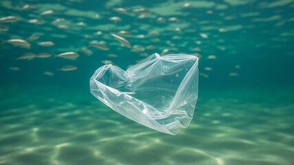 Underwater Pollution Threatening Marine Life A Plastic Bag Drifting Amidst School of Fish Highlighting Environmental Crisis and Impact on Aquatic Ecosystems and the Urgent Need for Conservation