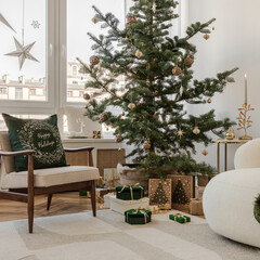 Cozy Christmas living room with mid-century armchair, green holiday cushion, window stars, and festive decorations. A perfect seasonal interior design setup.