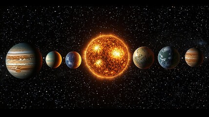 High-definition solar system illustration with all planets and sun in correct order on black background
