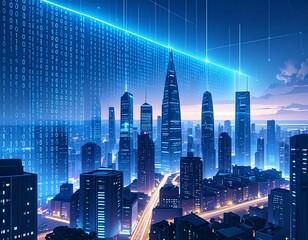 Futuristic cityscape at night, illuminated by vibrant blue digital data streams