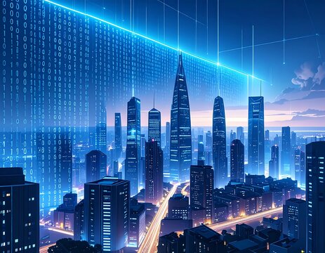 Futuristic cityscape at night, illuminated by vibrant blue digital data streams