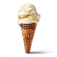 Creamy Vanilla Ice Cream Scoop in a Waffle Cone on White Background