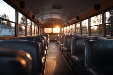 Rows of empty seats on a school bus, bathed in the warm glow of the setting sun shining through the open door.