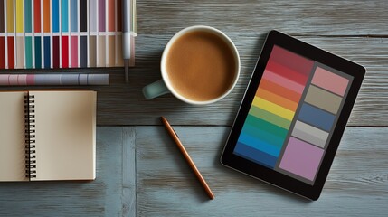 A top-down view of a creative professional's workspace on a dark wooden desk, showing hands using a digital tablet and stylus surrounded by color swatches and a yellow coffee cup.