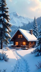 Fototapeta premium A cozy cabin nestled in a snowy winter landscape, perfect for a peaceful holiday getaway The scene evokes a sense of tranquility and escape from the everyday hustle , frost, blue