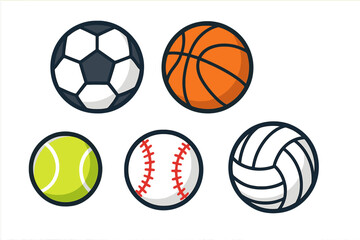 Variety of vibrant sports balls including soccer, basketball, tennis, baseball, and volleyball on a simple background