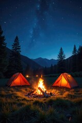 A crackling campfire under a starlit summer sky, illuminating tents pitched in a lush green meadow Perfect for relaxation and adventure , green, smoke