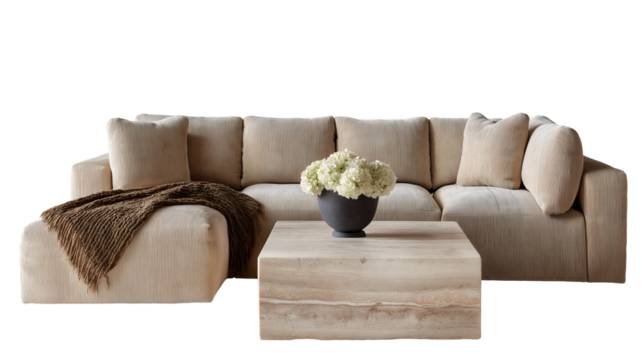 Living room set, beige corduroy sectional sofa, marble coffee table white hydrangeas and knit throw blanket isolated on transparent background.