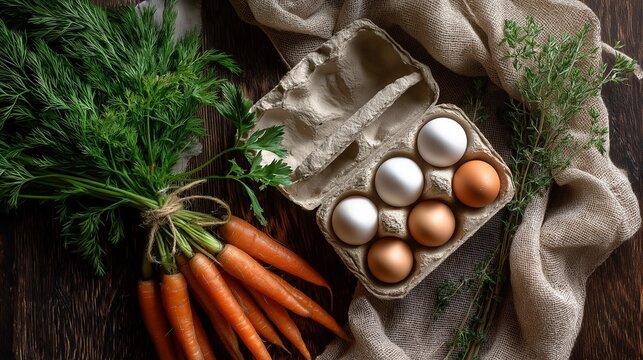 A rustic farm-to-table composition featuring a carton of fresh white and brown eggs alongside a bunch of organic carrots with green tops on a linen cloth.
