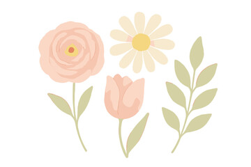 Obraz premium Beautiful floral arrangement featuring a rose, daisy, tulip, and leaves in soft pastel colors for spring or summer decoration