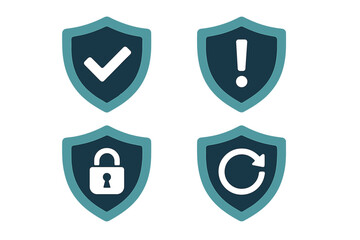 Set of four security icons illustrating protection, alert, lock, and refresh concepts using shield designs