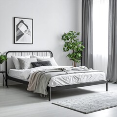 Modern bedroom with black metal bed frame and gray textiles