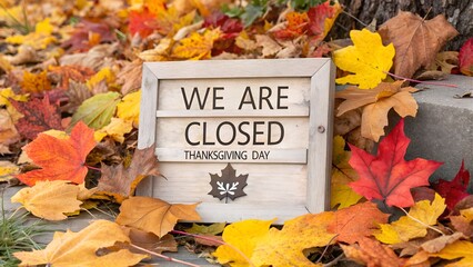 We are closed sign surrounded by autumn leaves