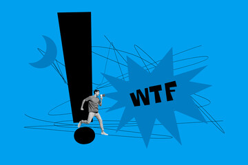 Artwork sketch banner full 3d collage of happy guy scream megaphone exclamation mark wtf strike...