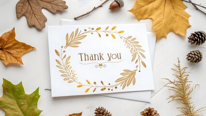 Thank you card with autumn leaves and pinecones