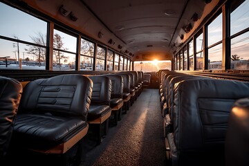 Rows of empty seats on a school bus, bathed in the warm glow of the setting sun shining through the open door.