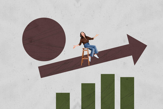 Collage with person observing rising arrow symbolizing startup growth business income statistics trading decrease increase