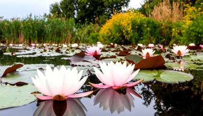 Serene water lilies blooming on a pond, reflecting in the calm water, with lush foliage