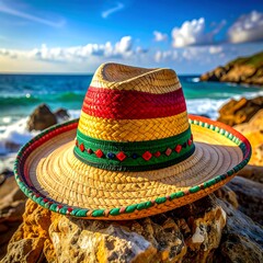 Colorful straw hat on rocks by ocean
