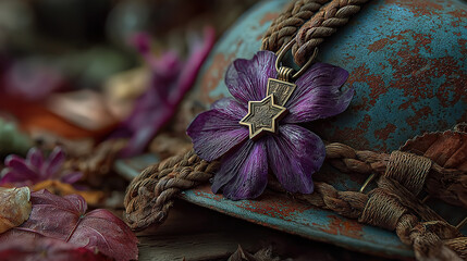 Veteran remembrance symbolized by purple heart medal on helmet with autumn leaves