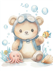 Fototapeta premium Cute teddy bear underwater with octopus and fish in ocean scene 