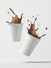 Two cups splashing chocolate liquid in minimalist style on white background  