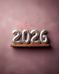 Metallic balloons shaped as digits forming 2026 on a wooden shelf, surrounded by bright confetti for festive New Year and holiday celebration.