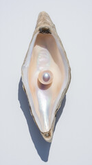 Open oyster shell displaying a single pearl on white background  