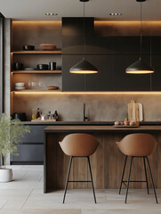 Modern kitchen interior with wooden accents and minimalist design  