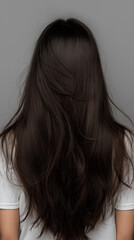 Long dark hair of woman flowing freely against gray background  