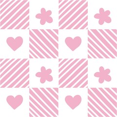 Pink Seamless Geometric Pattern with Hearts and Flowers – Cute Decorative Design for Fabric, Wallpaper, and Wrapping Paper
