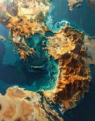 High-altitude view of a region's diverse landscapes