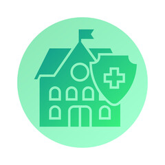 Building Icon with Shield and Cross in Gradient Green Circle on Transparent Background