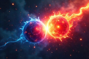 Obraz premium Close-up of two powerful, glowing orbs clashing in a cosmic battle, energy radiating outwards in vibrant hues A fierce, abstract representation of opposing forces colliding , cosmic, graphic design