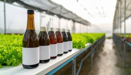 Bottles of liquid on shelf in hydroponic greenhouse with lettuce