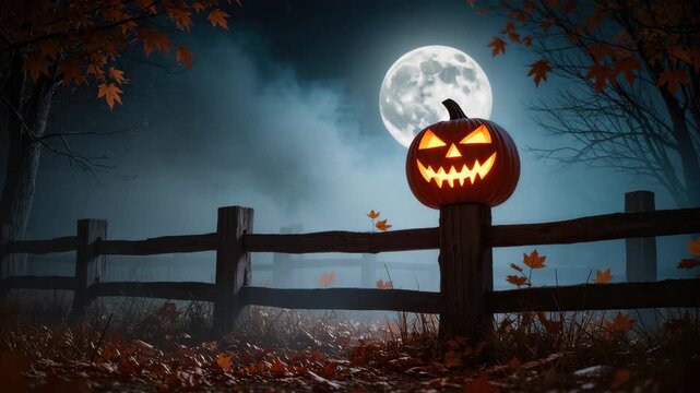 Carved pumpkin with glowing face sits on a wooden post beneath the full moon in a misty forest. Autumn leaves fall around. Spooky Halloween atmosphere. Mysterious night.