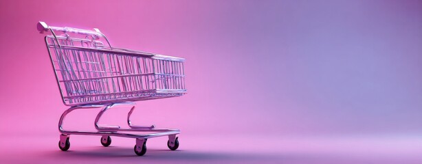 A vibrant shopping cart set against a gradient background represents retail and consumerism in a contemporary, artistic environment