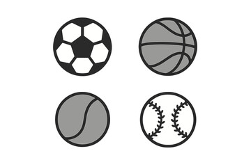 Different types of sports balls arranged in a grid on a white background showcasing soccer, basketball, tennis, and baseball