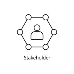 Line icon of a stakeholder concept with a person in the center connected to six surrounding nodes, symbolizing business, management, teamwork, collaboration, and organizational network strategy.