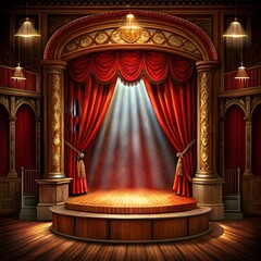 Grand theater stage with velvet curtains and dramatic spotlight ready for performance