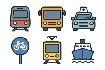 Various forms of transportation including train, bus, car, bicycle, tram, and boat on a colorful urban backdrop