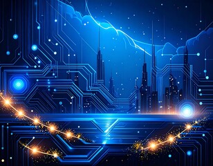 Futuristic cityscape at night, overlaid with circuit board design and glowing lights